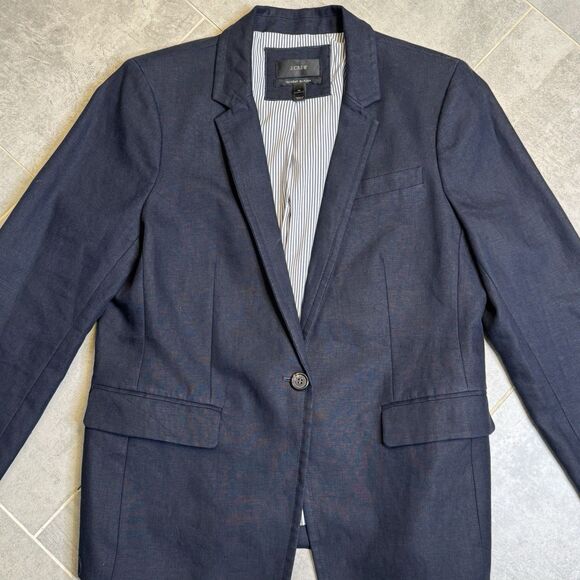 J Crew Womens Solid Navy Blue 100% Linen Regent Blazer Jacket Altered Size 12 - Picture 2 of 15